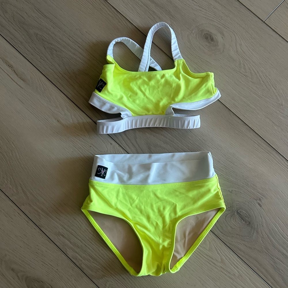 Neon Yellow and White Two-Piece Dance Leotard
